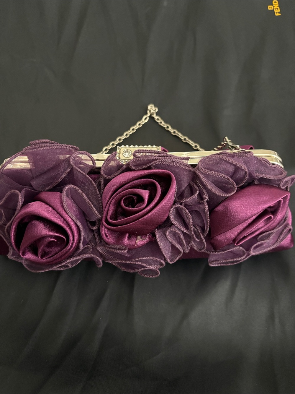 Purple Satin Floral Rosette Clutch with Chain